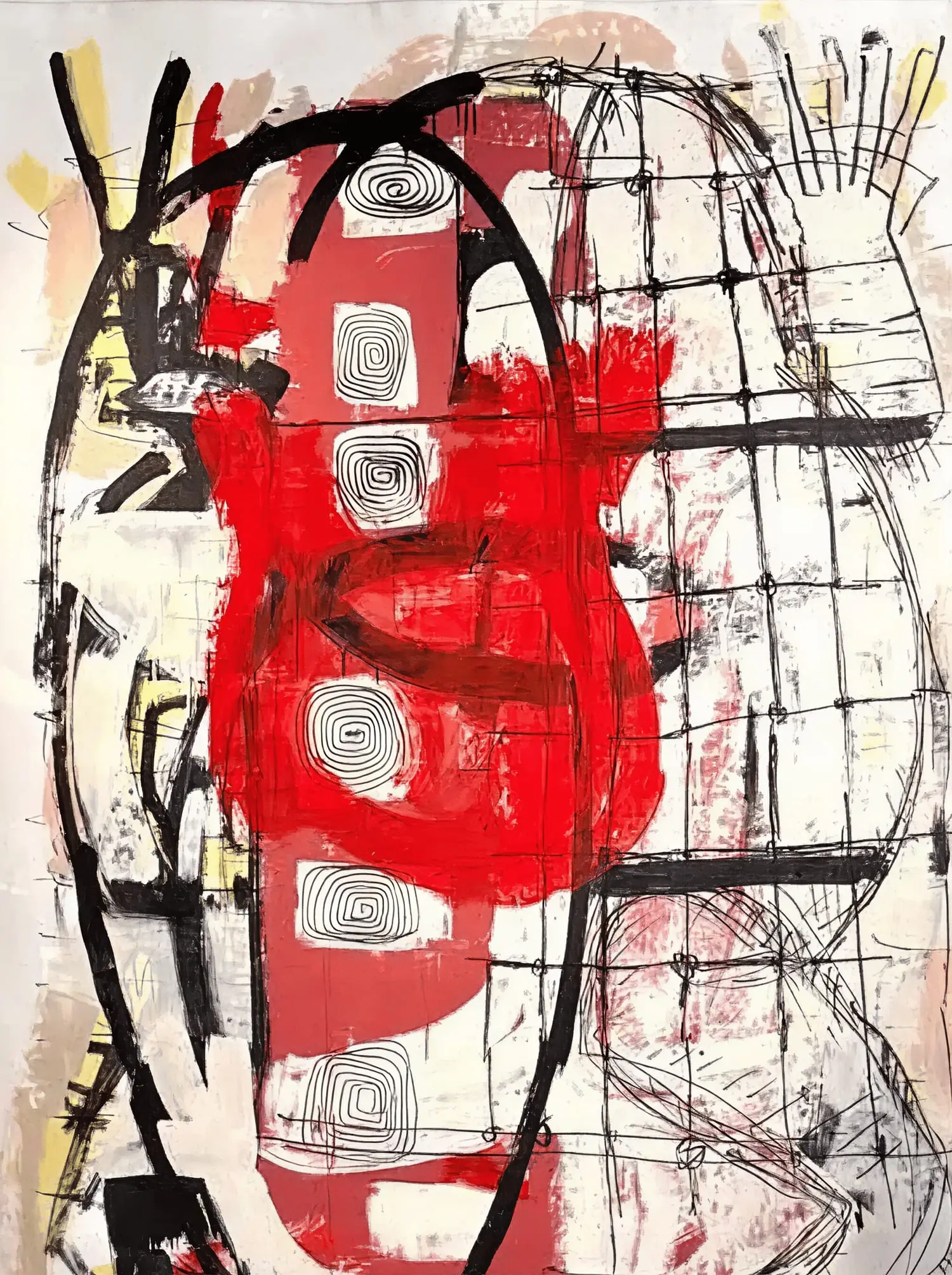 Abstract red and black painting in the Sens Commons studio